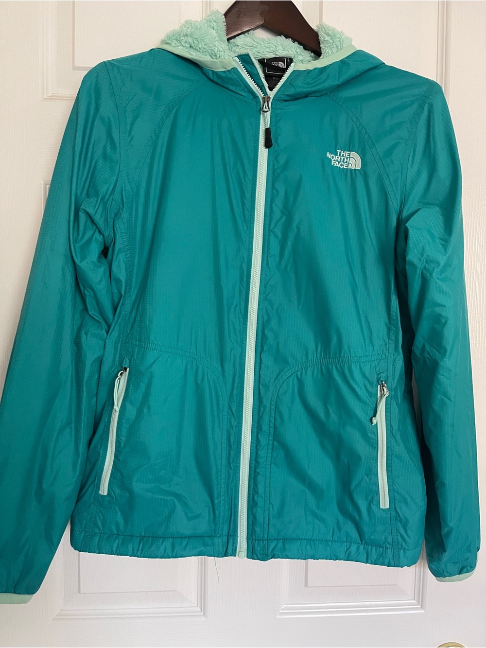 The North Face Teal Hooded Ski Jacket with Mint Trim